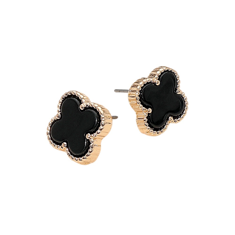 Quatrefoil Black and Gold Stud Earrings
